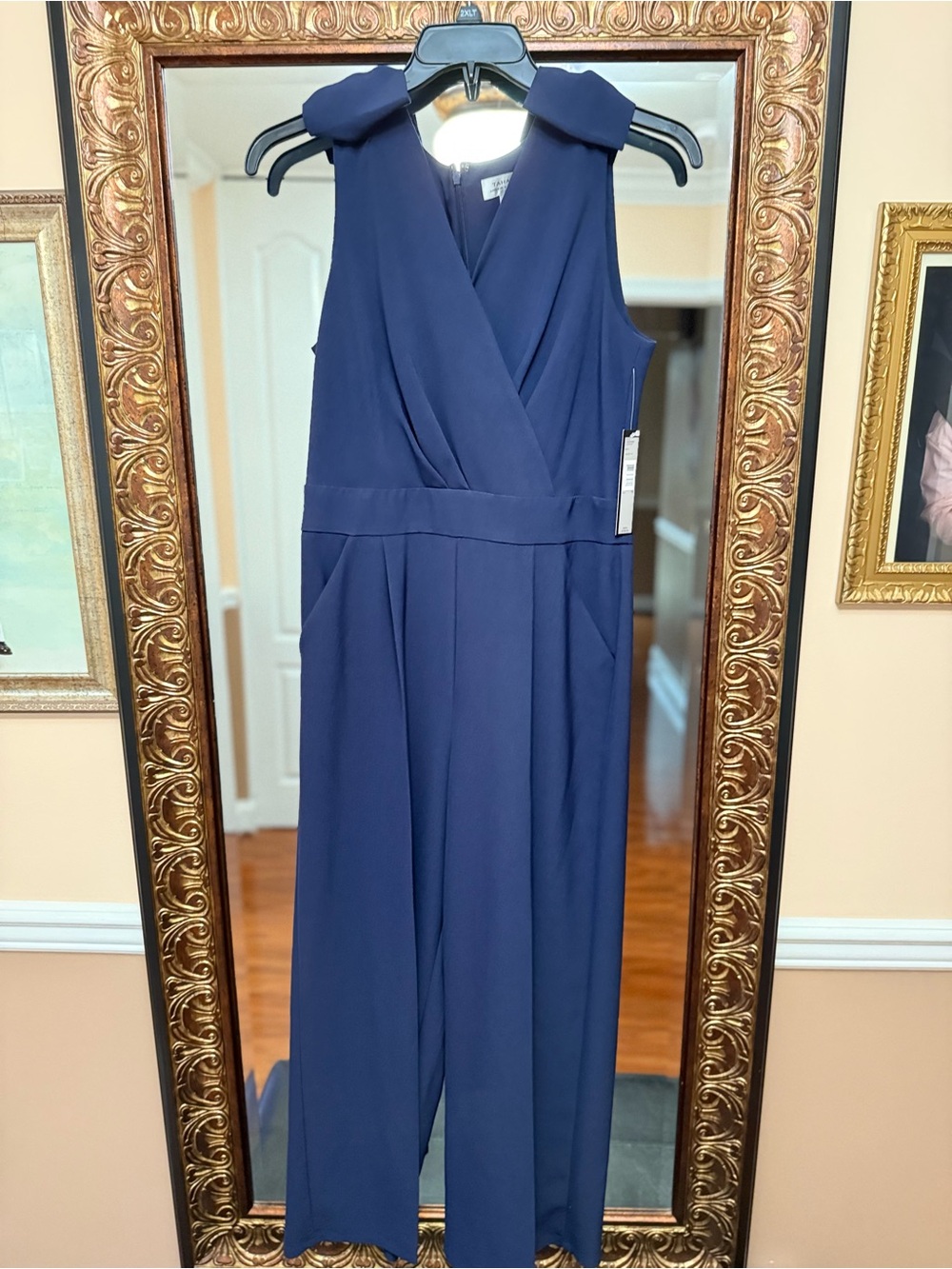 Tahari Navy Sleeveless Wrap-Front Jumpsuit